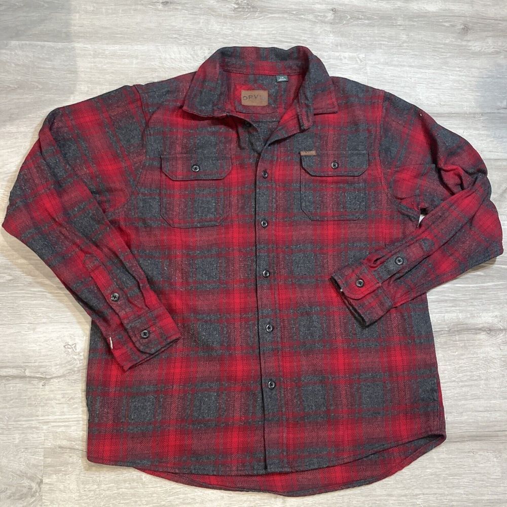 Orvis Mens Shirt Jacket Size Large Red Heavy Flannel Plaid Shacket Pockets‎
